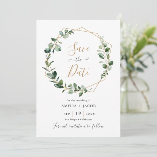 Greenery Eucalyptus Geometric Lijst Save the Date Kaart (Staand voorkant)