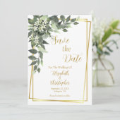 Greenery Eucalyptus Gold Lijst QR code Weddenschap Save The Date (Staand voorkant)
