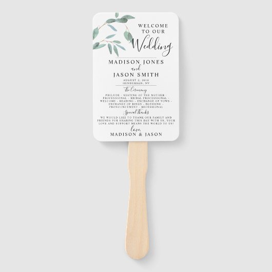 Greenery Eucalyptus Leaf Simple Wedding Program Handwaaier (Voorkant)
