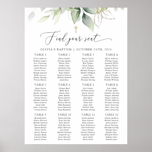 Greenery, Eucalyptus Leaves, Baptism Seating Chart Poster (Voorkant)