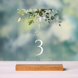 Greenery, Eucalyptus Leaves, Baptism Table Numbers Acryl Bord