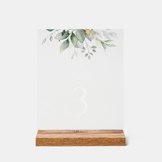 Greenery, Eucalyptus Leaves, Baptism Table Numbers Acryl Bord (Voorkant)