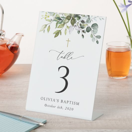 Greenery, Eucalyptus Leaves, Baptism Table Numbers Reclamebord Met Voetstuk (Insitu)