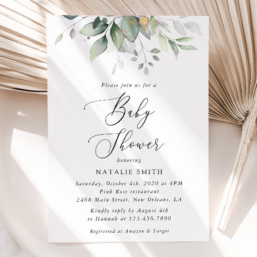 Greenery, Eucalyptus Leaves, Boho, Baby shower Kaart