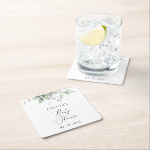 Greenery, Eucalyptus Leaves, Boho, Baby shower Vierkante Kartonnen Onderzetter