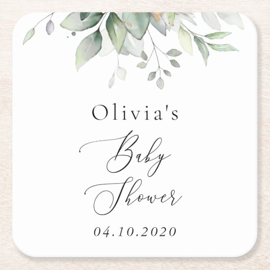Greenery, Eucalyptus Leaves, Boho, Baby shower Vierkante Kartonnen Onderzetter (Voorkant)