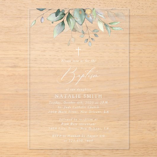 Greenery, Eucalyptus Leaves, Boho, Baptism Acryl Uitnodigingen (Voorkant)