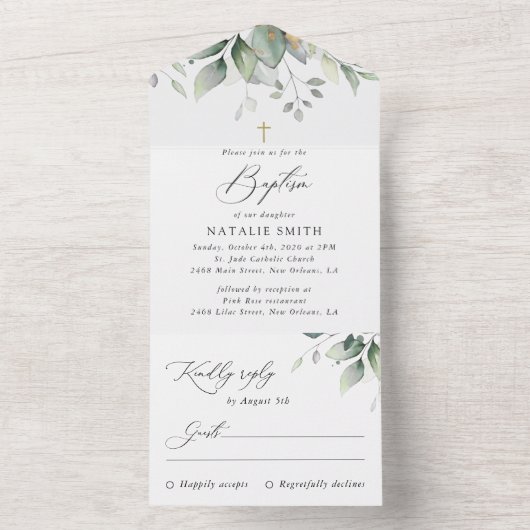 Greenery, Eucalyptus Leaves, Boho, Baptism All In One Uitnodiging (Binnen)