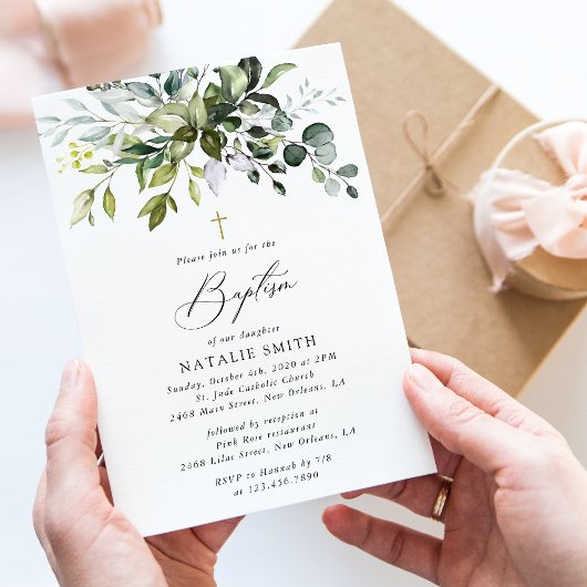 Greenery, Eucalyptus Leaves, Boho, Baptism Kaart