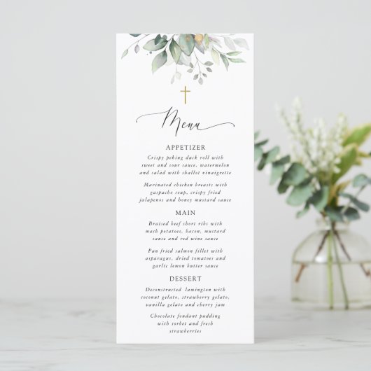 Greenery, Eucalyptus Leaves, Boho, Baptism Menu (Debout devant)