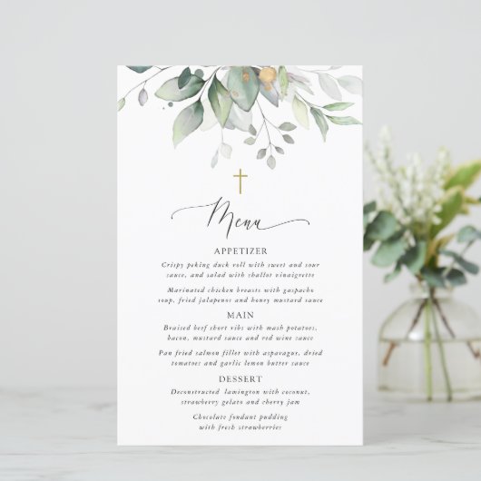 Greenery, Eucalyptus Leaves, Boho, Baptism Menu (Debout devant)