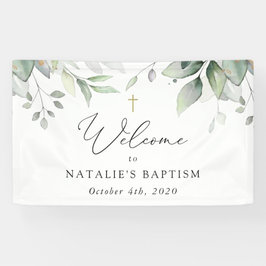 Greenery, Eucalyptus Leaves, Boho, Baptism Welcome Spandoek (Horizontaal)