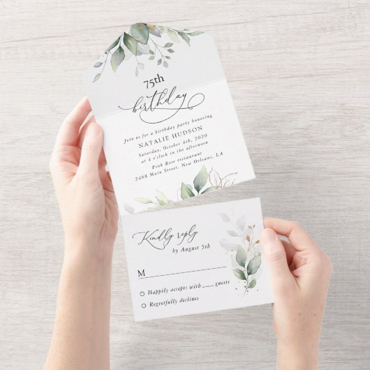 Greenery, Eucalyptus Leaves, Boho, Birthday All In One Uitnodiging (Afscheurbaar)