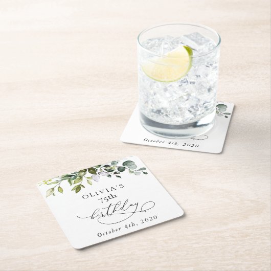 Greenery, Eucalyptus Leaves, Boho, Birthday Vierkante Kartonnen Onderzetter (Insitu)