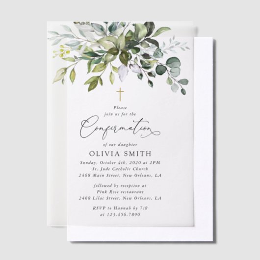 Greenery, Eucalyptus Leaves, Boho, Confirmation Vellum Uitnodigingen (Offset)