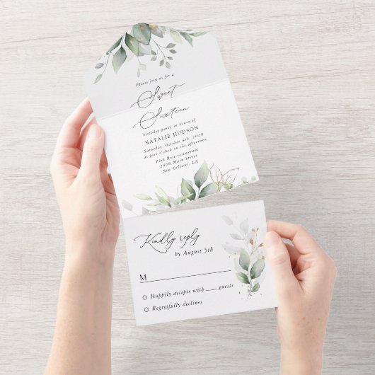 Greenery, Eucalyptus Leaves, Boho, Sweet 16 All In One Uitnodiging (Afscheurbaar)