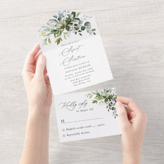 Greenery, Eucalyptus Leaves, Boho, Sweet 16 All In One Uitnodiging (Afscheurbaar)