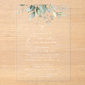 Greenery, Eucalyptus Leaves, First Holy Communion Acryl Uitnodigingen (Voorkant)