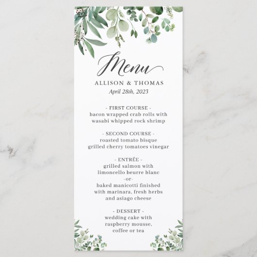 Greenery Eucalyptus Leaves Wedding Menu (Voorkant)