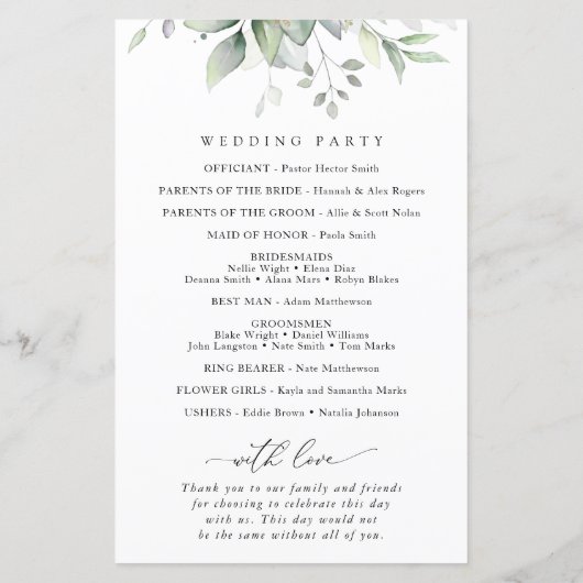 Greenery, Eucalyptus Leaves, Wedding Programme (Achterkant)
