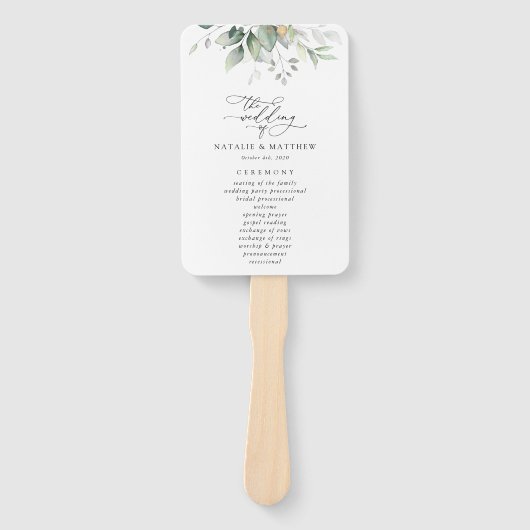Greenery, Eucalyptus Leaves, Wedding Programme Handwaaier (Voorkant)