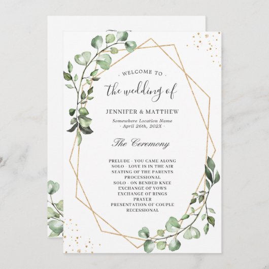 Greenery Eucalyptus leest Geometric Wedding Programma (Voorkant / Achterkant)