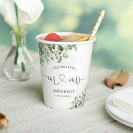 Greenery Eucalyptus Mr & Mrs Heart Script Wedding Papieren Bekers