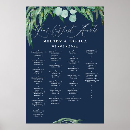 GREENERY EUCALYPTUS NAVY SEATING CHART, ALPHA POSTER (Voorkant)