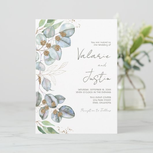 Greenery Eucalyptus Sage Weddenschap All in One Kaart (Staand voorkant)