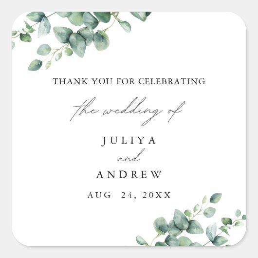 Greenery Eucalyptus script bruiloft Vierkante Sticker (Voorkant)
