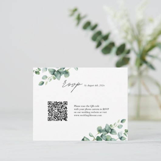 Greenery Eucalyptus script QR code bruiloft RSVP Kaartje (Staand voorkant)