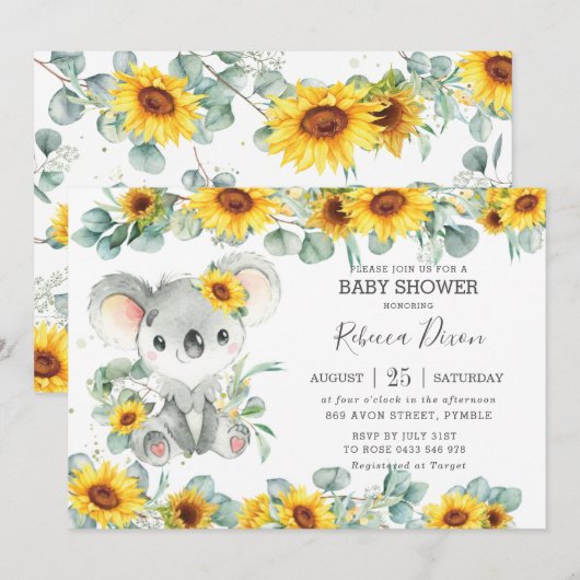 Greenery Eucalyptus Sunflower Koala Baby shower Kaart (Voorkant / Achterkant)