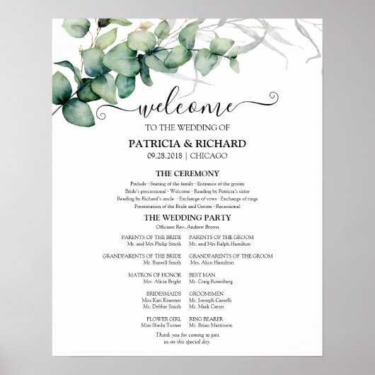 Greenery Eucalyptus Wedding Ceremony Program Sign Poster (Voorkant)