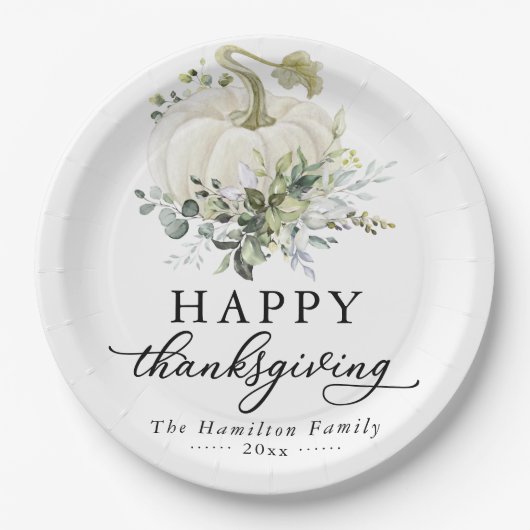 Greenery Eucalyptus White Pumpkin Thanksgiving Papieren Bordje (Voorkant)