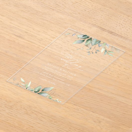 Greenery, Eucalyptusbladeren, botanische bruiloft Acryl Uitnodigingen (Laagn)