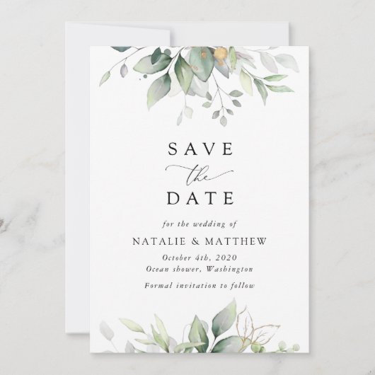 Greenery, Eucalyptusbladeren, botanische bruiloft Save The Date (Voorkant)