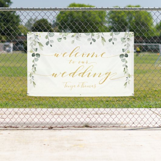 Greenery & Fancy Gold Calligraphy Welcome Wedding Spandoek (Insitu)