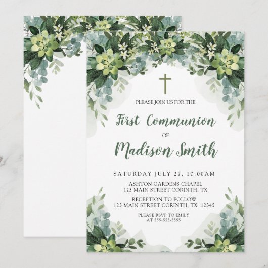 Greenery First Communion Invitation (Devant / Derrière)