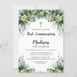 Greenery First Communion Invitation Kaart