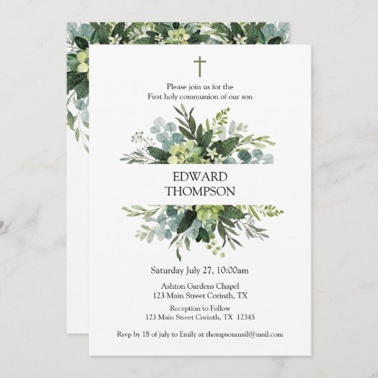 Greenery First Communion Invitation Kaart (Voorkant / Achterkant)
