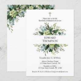 Greenery First Communion Invitation Kaart