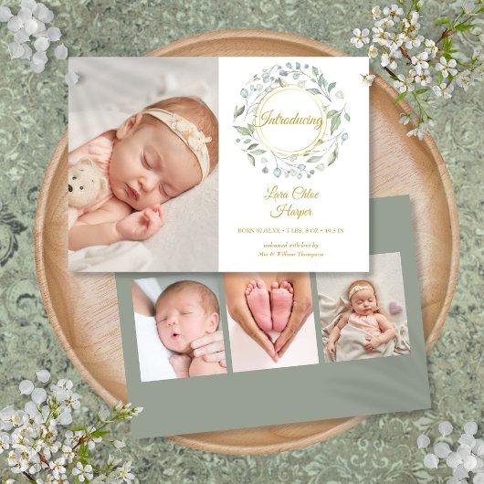 Greenery Floral 4 Foto Baby Birth Aankondiging