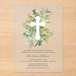 Greenery Floral Botanical Cross Baptisme Acryl Uitnodigingen