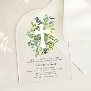 Greenery Floral Botanical Cross Baptisme Acryl Uitnodigingen