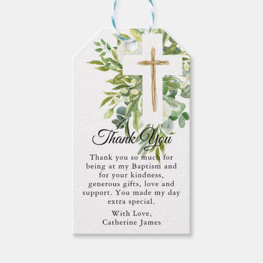 Greenery Floral Botanical Cross Elegant Baptisme Cadeaulabel (Voorkant)