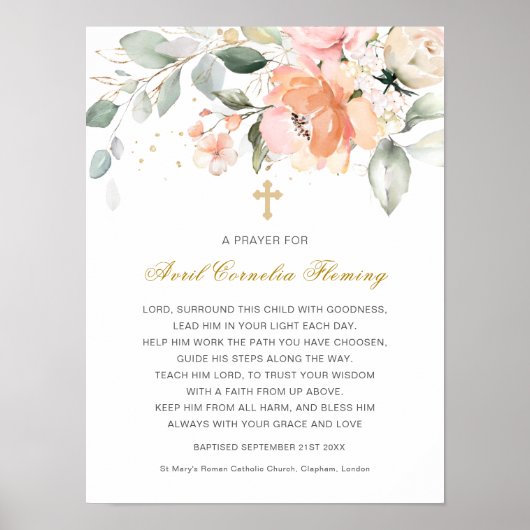 Greenery Floral Cross Baptisme Poster (Voorkant)