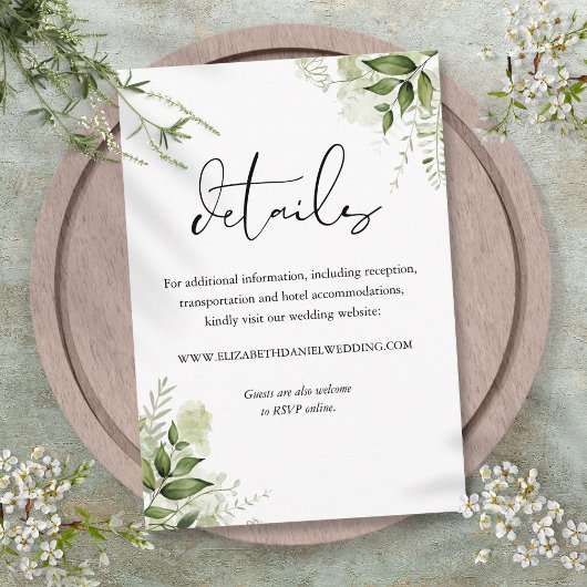 Greenery Floral Elegant Script Wedding Details Informatiekaartje