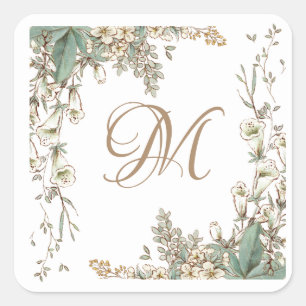 Greenery Floral Garland Script Monogram Elegant Vierkante Sticker