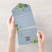 Greenery Floral QR Code Modern Dusty Blue Wedding All In One Uitnodiging (Afscheurbaar)