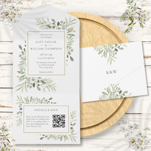 Greenery Floral QR Code Monogram Weddenschap All In One Uitnodiging